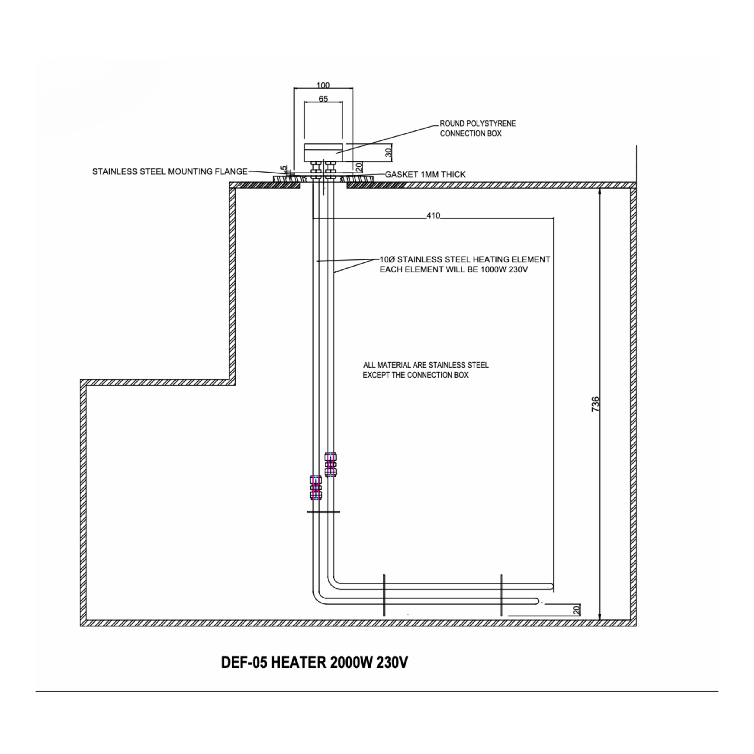 Diagram drawing of a DEF heater in a storage tank for AdBlue