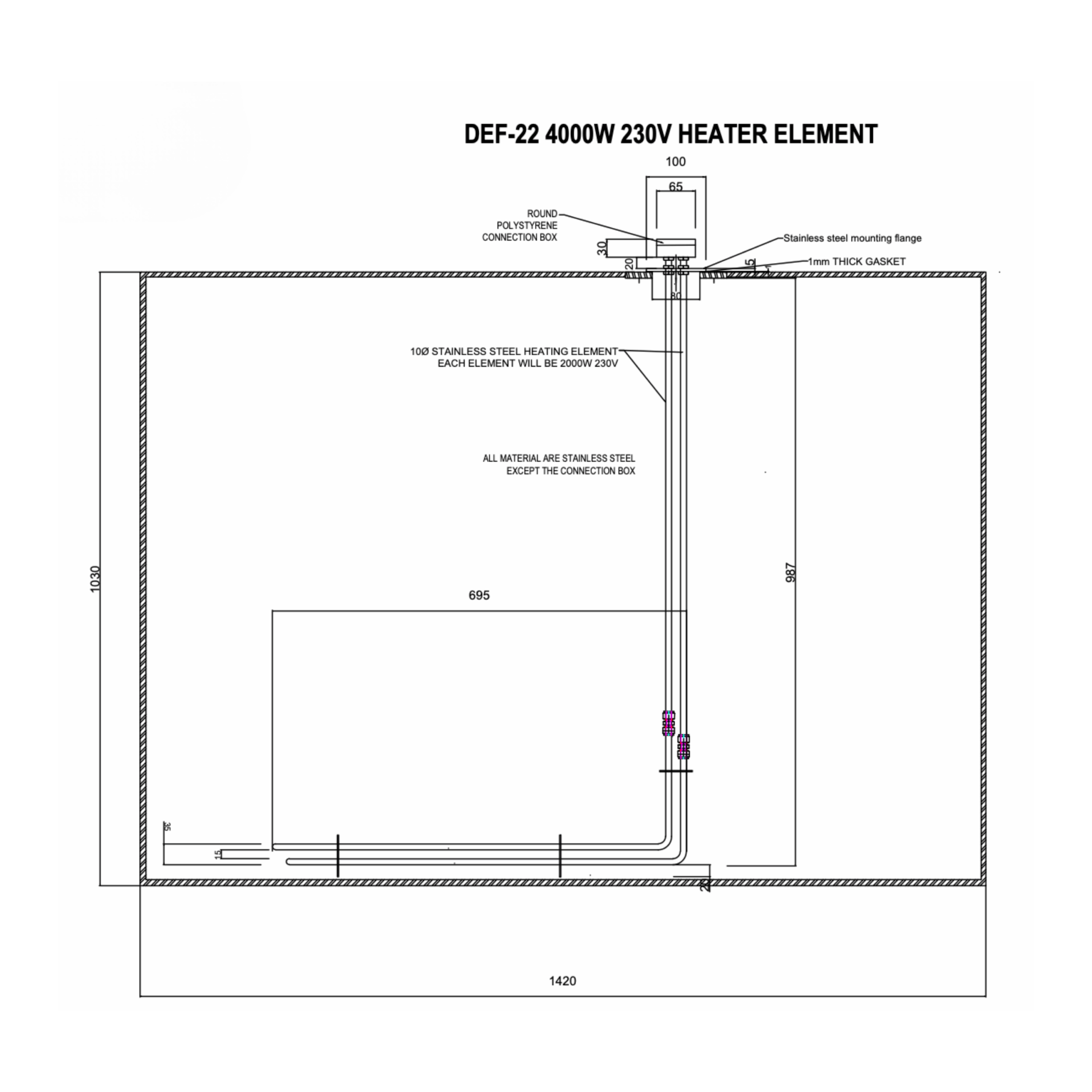 Diagram drawing of a DEF heater in a storage tank for AdBlue