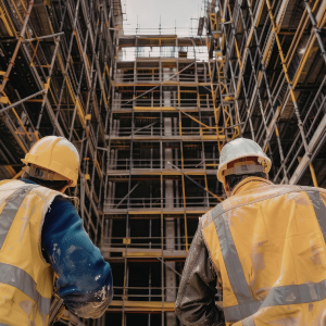 Photo of two men in yellow visors with hard hats on looking at a building that is being built.