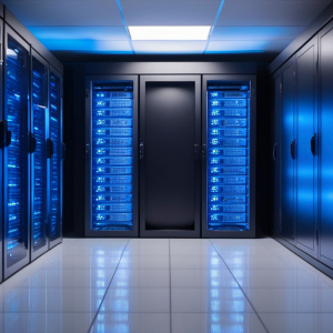 Photo of data storage with blue lighting on them in a data centre.