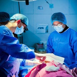 Photo of two surgeons performing an operation with PPE on in an operating theatre of a hospital.