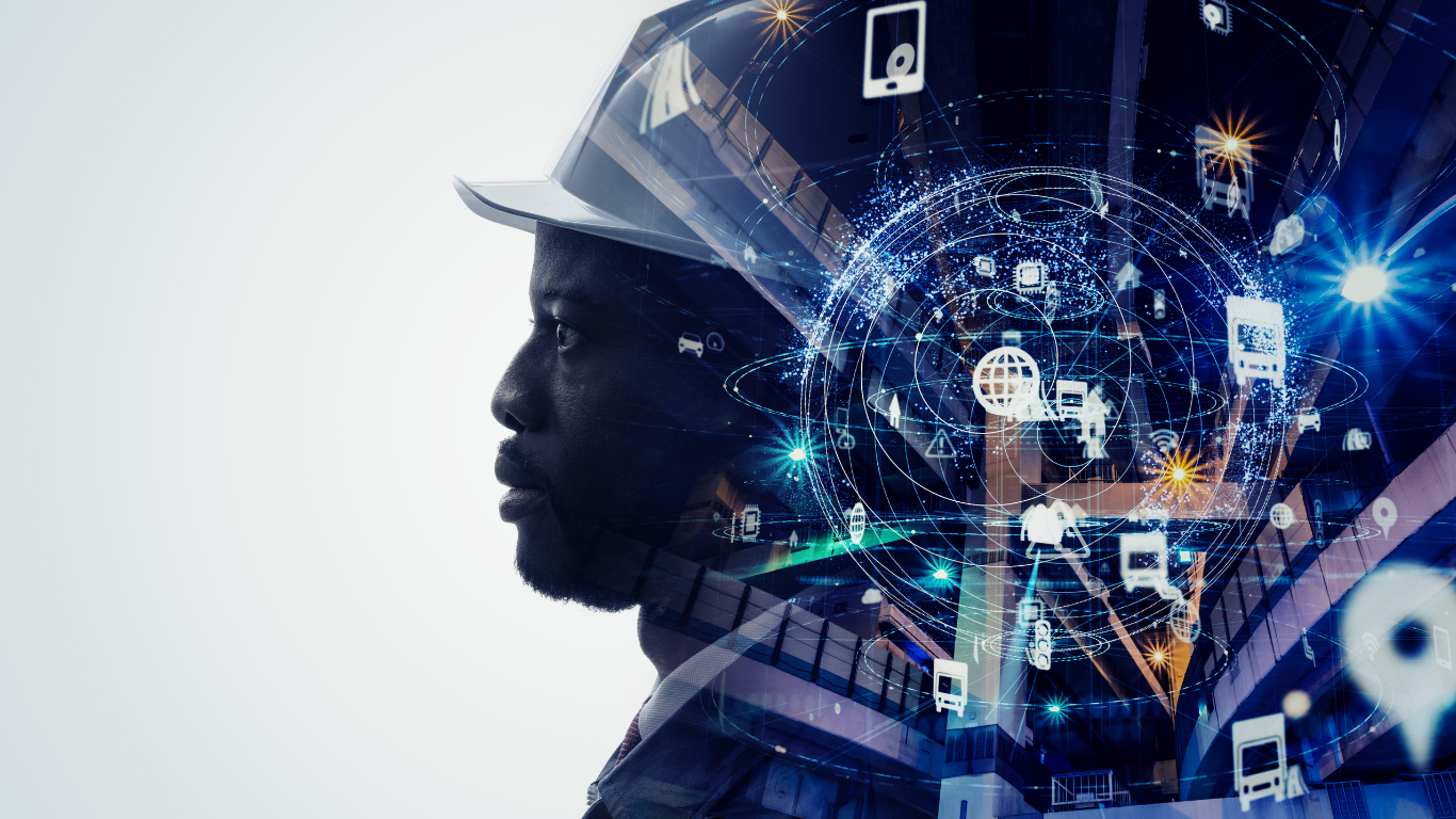 Image of a man side on wearing a hard hat. behind him there is an image with electronic symbols spinning around to represent critical industries.