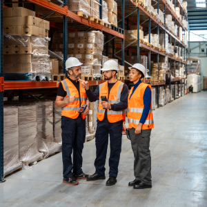 Photo of 3 men in high vision aprons in a distribution warehouse