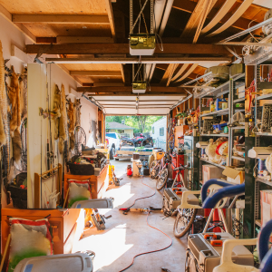 Image of the inside of an open garage with equipment and tools in it.