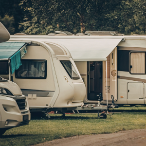 Image of caravans and motor homes parked next to each other.