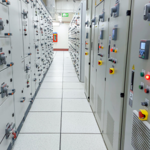 Image of a room with two rows of control panels.