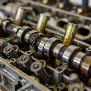 Close up image of an engine camshaft.