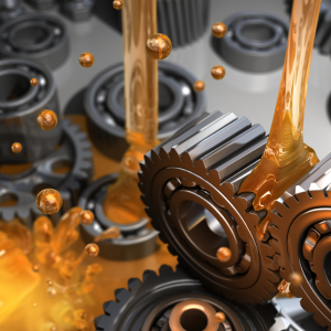 Lubricated oil in gearbox Image of lubricating oil running on to and through an industrial gearbox.