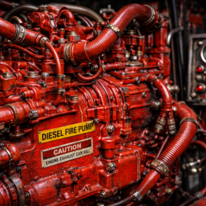 An image of a red oily Diesel Fire Pump Engine