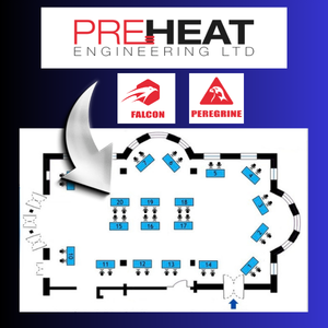 POWEREX LIVE NORTHERN ENGLAND EVENT MAP 2026 Preheat's logo, Peregrine logo, Falcon logo, showing a map of the exhibition exhibitors with an arrow pointing to where Preheat will be on stand 20 at PowerEx Live exhibition.
