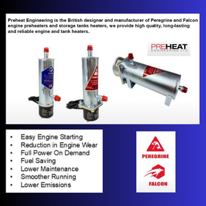 Preheat PowerEx Live Northern England Products 2026 Image shows some of Preheat's products listing their benefits. There are red Peregrine and Falcon logos.